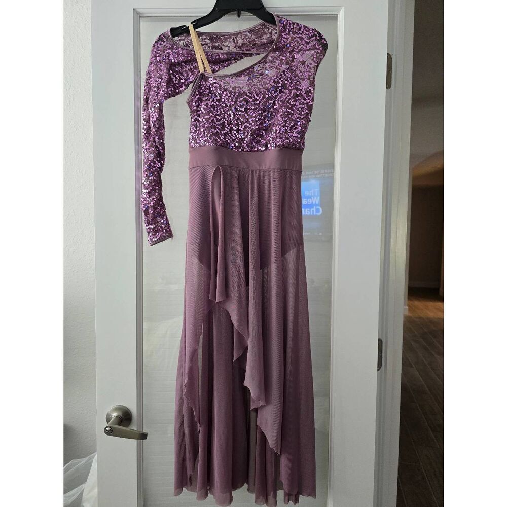 Girls Balera Dance Costume Long Purple Mauve Sequin‎ Dress Child Large